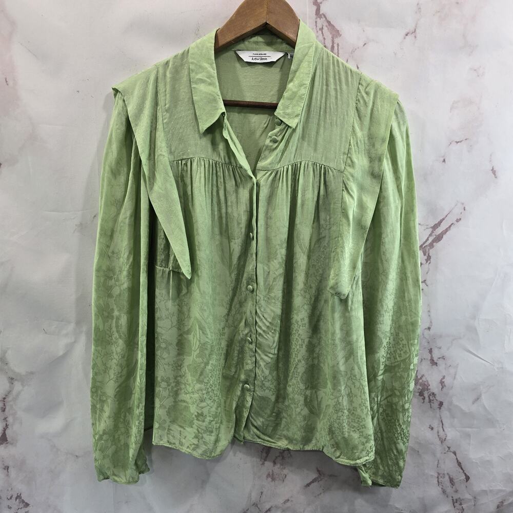 & Other Stories Shirt Womens Medium 8 Green Peasant Blouse Renaissance Satin
